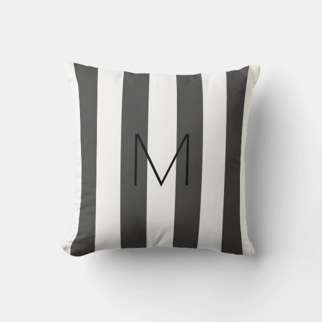 Modern dark gray white stripes monogrammed throw pillow (Front)