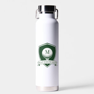 Modern Dark Green and White Name Initial Monogram Water Bottle