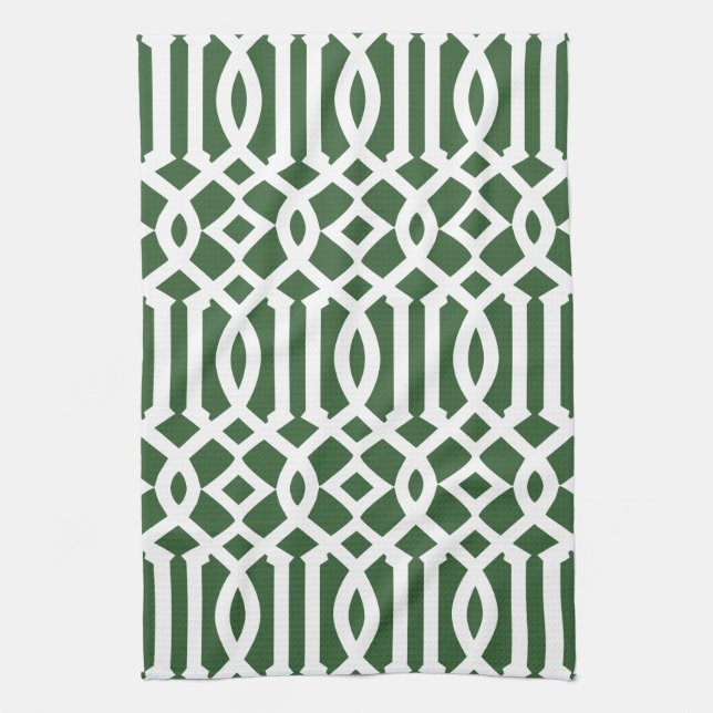 Modern Dark Green and White Trellis Pattern Kitchen Towel (Vertical)