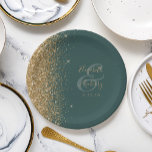 Modern Dark Green Gold Glitter Edge Wedding Paper Plate<br><div class="desc">The left-hand edge of these elegant modern wedding paper plates features a gold faux glitter design. Personalize them with the names of the bride and groom in pale gold-coloured handwriting script over a large ampersand on a dark green background,  with the wedding date below.</div>