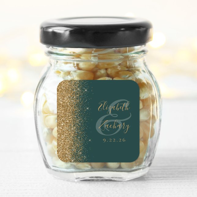 Modern Dark Green Gold Glitter Edge Wedding Square Sticker (Creator Uploaded)