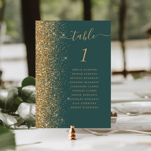 Modern Dark Green Gold Glitter Wedding Table Number (Creator Uploaded)