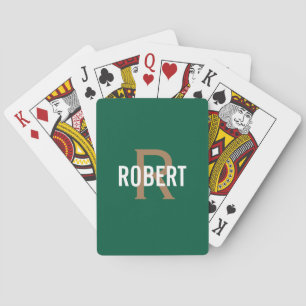 Modern  dark green gold monogram name playing cards
