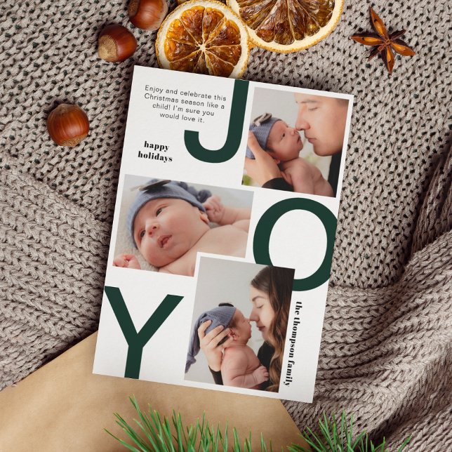 Modern Dark Green Joy Photo Collage Christmas Holiday Card (Creator Uploaded)