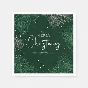 Modern Dark Green Pine Branches Merry Christmas  Napkin