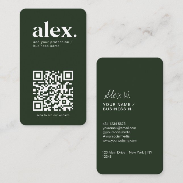 Modern Dark Green QR Code Logo Business Card (Front/Back)