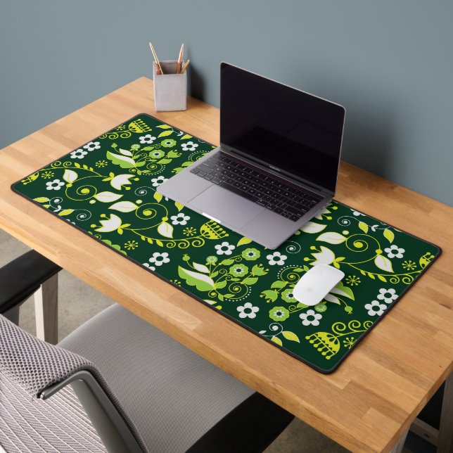 Modern Dark Green Scandinavian Floral Pattern Desk Mat (Office 2)