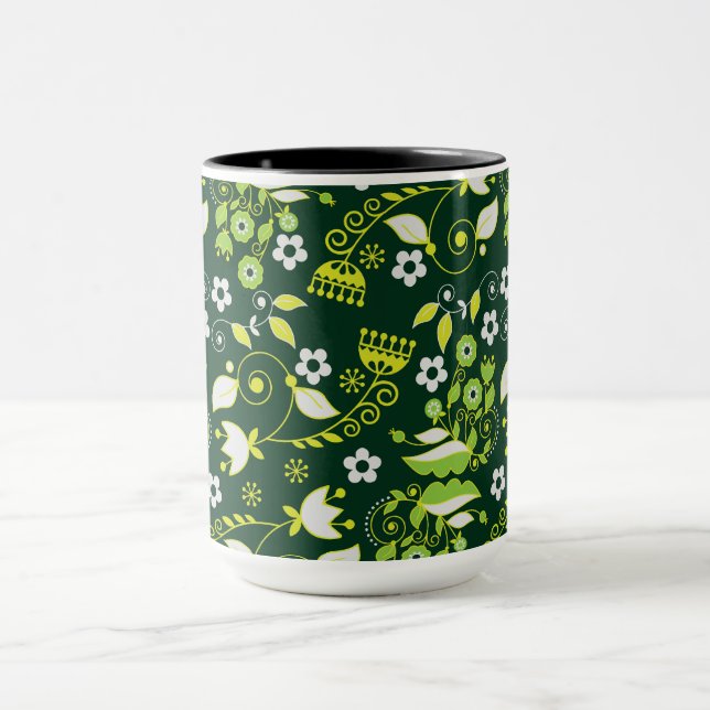 Modern Dark Green Scandinavian Floral Pattern Mug (Center)