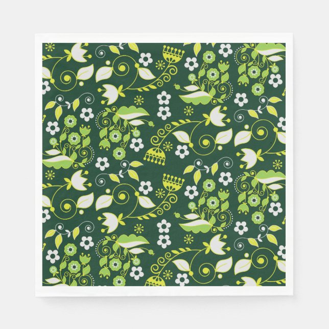 Modern Dark Green Scandinavian Floral Pattern Napkin (Front)