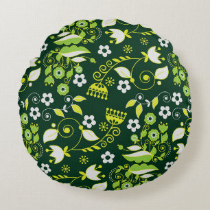 Modern Dark Green Scandinavian Floral Pattern Round Pillow