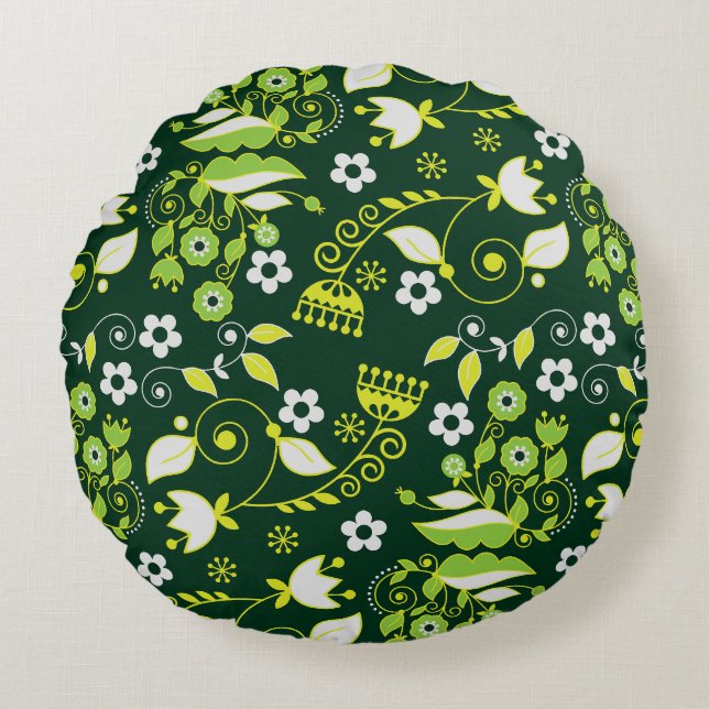 Modern Dark Green Scandinavian Floral Pattern Round Pillow (Front)
