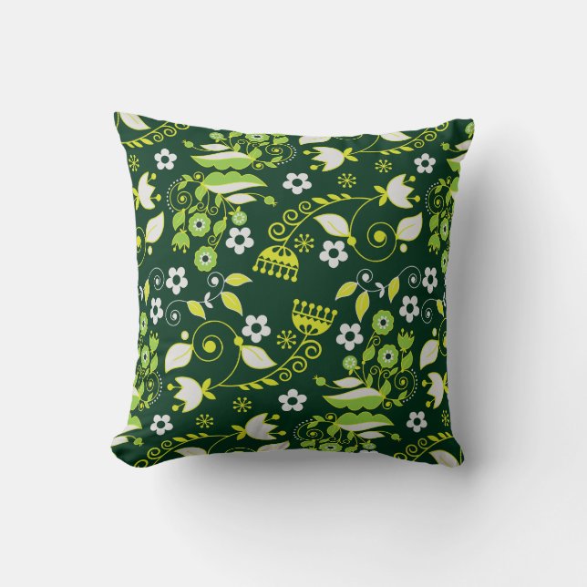 Modern Dark Green Scandinavian Floral Pattern Throw Pillow (Front)