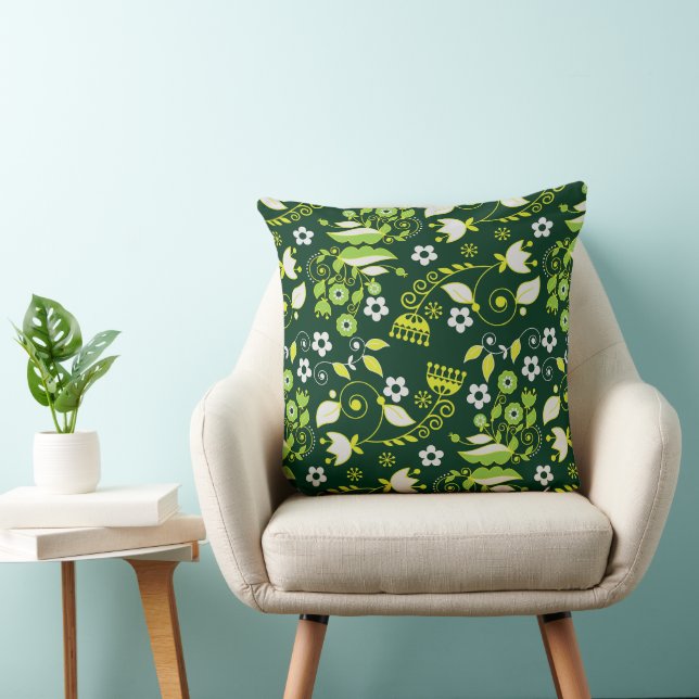 Modern Dark Green Scandinavian Floral Pattern Throw Pillow (Chair)