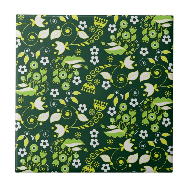 Modern Dark Green Scandinavian Floral Pattern Tile (Front)