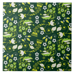 Modern Dark Green Scandinavian Floral Pattern Tile