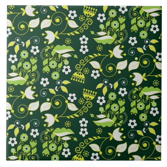 Modern Dark Green Scandinavian Floral Pattern Tile (Front)