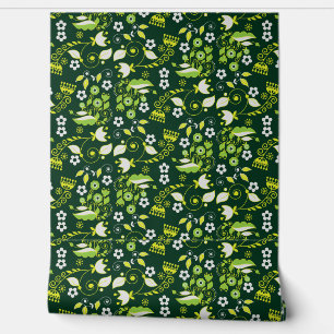 Modern Dark Green Scandinavian Floral Pattern Wallpaper