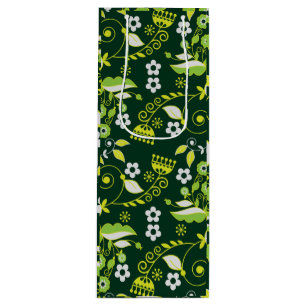 Modern Dark Green Scandinavian Floral Pattern Wine Gift Bag