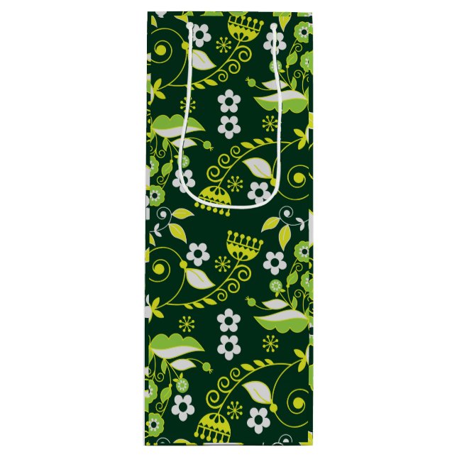 Modern Dark Green Scandinavian Floral Pattern Wine Gift Bag (Front)