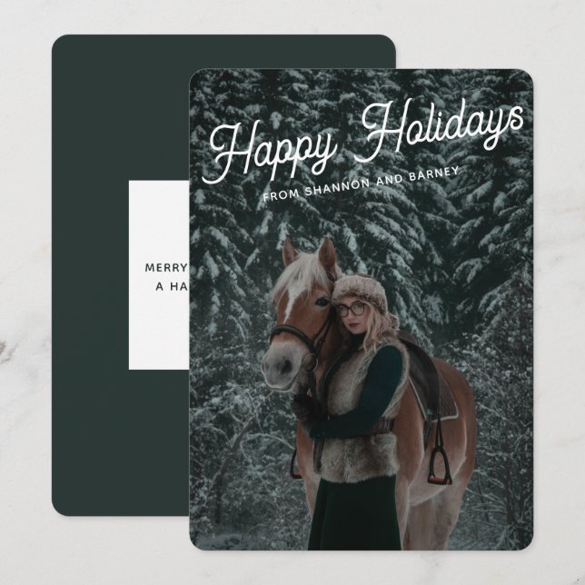 Modern Dark Green Script Equestrian Horse Photo Holiday Card (Front/Back)