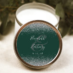 Modern Dark Green Silver Glitter Edge Wedding Classic Round Sticker<br><div class="desc">This elegant modern wedding sticker features a faux silver glitter design on the top and bottom edge. Easily customize the silver grey text on a dark green background,  with the names of the bride and groom in handwriting calligraphy over a large ampersand.</div>