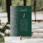 Modern Dark Green Silver Glitter Wedding Table Number<br><div class="desc">The left-hand edge of this elegant modern wedding table number card features a silver faux glitter border. The word "table" appears in silver grey whimsical handwriting script on a dark green background. Add the names of your guests who are assigned to each table.</div>