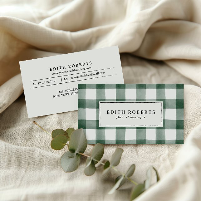 Modern Dark Green Watercolor Buffalo Plaid Rustic Business Card (Creator Uploaded)