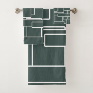 Modern Dark Green & White Abstract Geometric Bath Towel Set