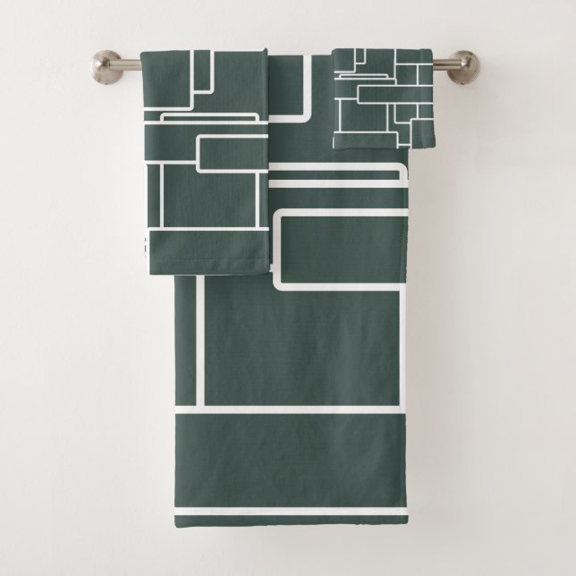 Modern Dark Green & White Abstract Geometric Bath Towel Set (Insitu)