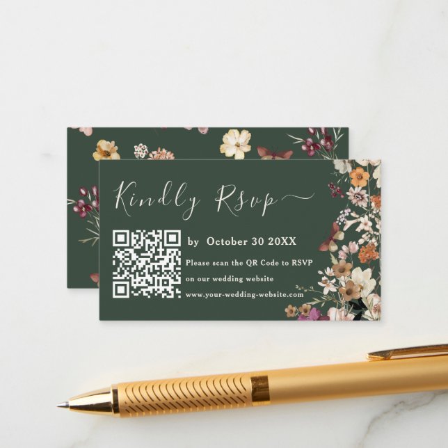 Modern Dark Green Wildflower Qr Code Rsvp Wedding Enclosure Card (Front/Back In Situ)