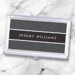 Modern dark grey and black masculine personalized business card holder<br><div class="desc">Modern,  elegant profile or business card holder with a black,  horizontal band over a dark grey,  striped texture. Customizable name on the front. White text. Matches the same style business card. Classy design,  great for a lawyer,  attorney or accountant.</div>