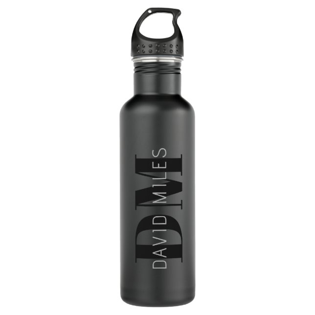 Modern Dark Grey & Black Editable Name & Monogram 710 Ml Water Bottle (Front)