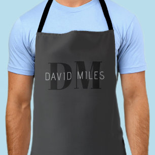 Modern Dark Grey & Black Editable Name & Monogram Apron