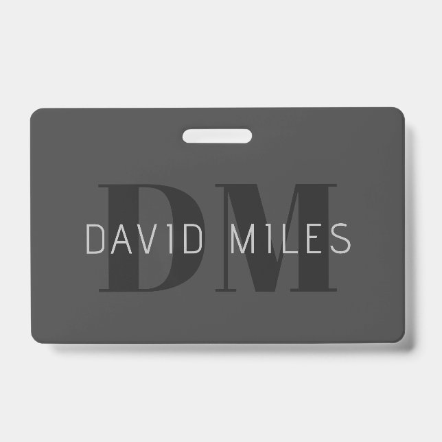 Modern Dark Grey & Black Editable Name & Monogram Badge (Front)