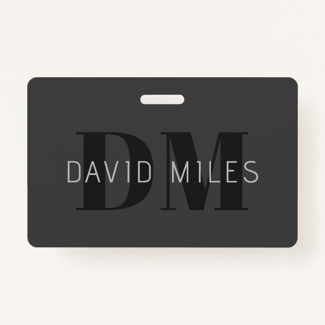 Modern Dark Grey & Black Editable Name & Monogram Badge (Front)