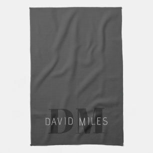 Modern Dark Grey & Black Editable Name & Monogram Kitchen Towel