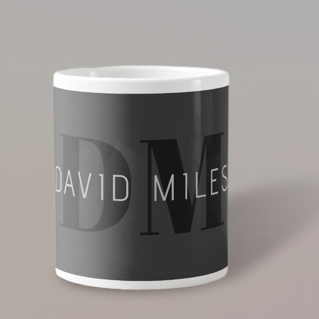Modern Dark Grey & Black Editable Name & Monogram Large Coffee Mug (Creator Uploaded)