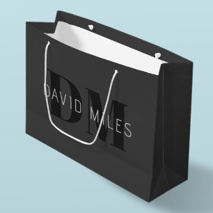 Modern Dark Grey & Black Editable Name & Monogram Large Gift Bag