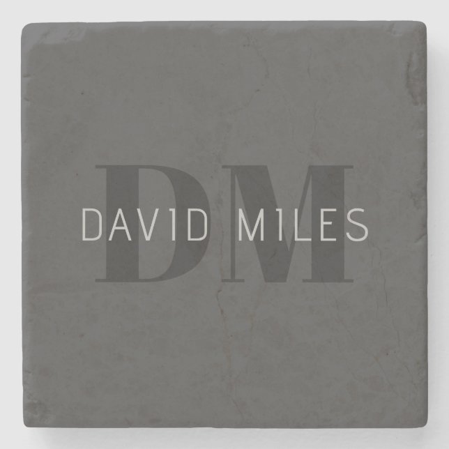 Modern Dark Grey & Black Editable Name & Monogram Stone Coaster (Front)