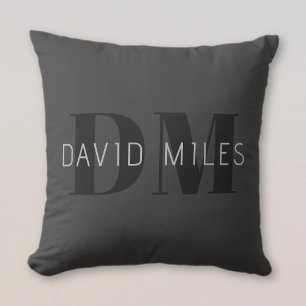Modern Dark Grey & Black Editable Name & Monogram Throw Pillow