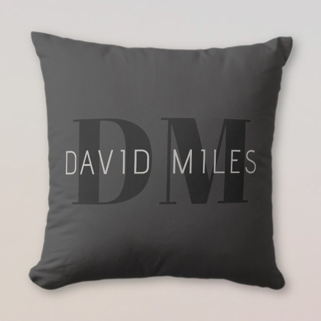 Modern Dark Grey & Black Editable Name & Monogram Throw Pillow (Creator Uploaded)