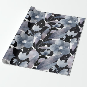 Modern dark grey black white floral wrapping paper