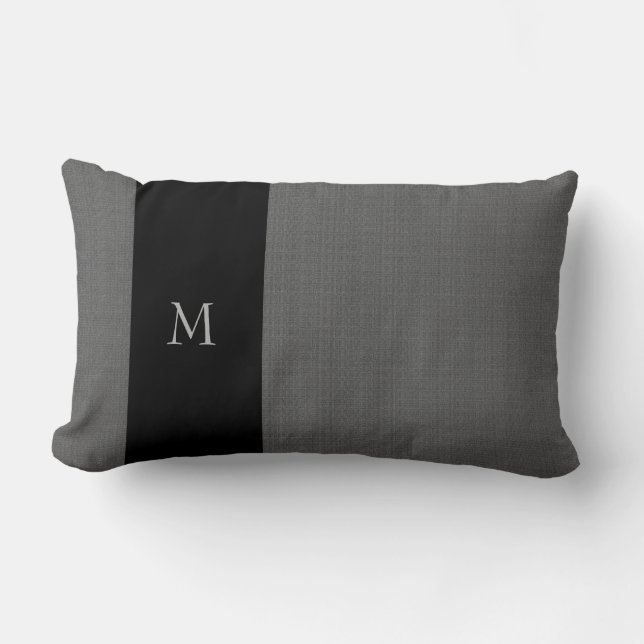 Modern dark grey burlap black pattern monogram lumbar pillow (Front)