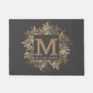 Modern Dark Grey Gold Leaves Wreath Monogram  Doormat