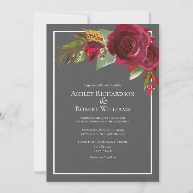 Modern Dark Grey Linen Burgundy Floral Wedding Invitation (Front)