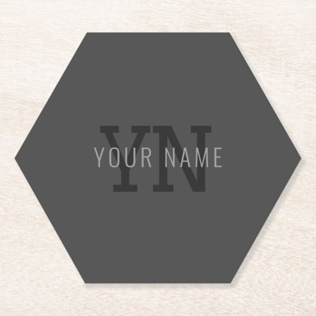 Modern Dark Grey Monogrammed Name (or other text) Paper Coaster (Front)