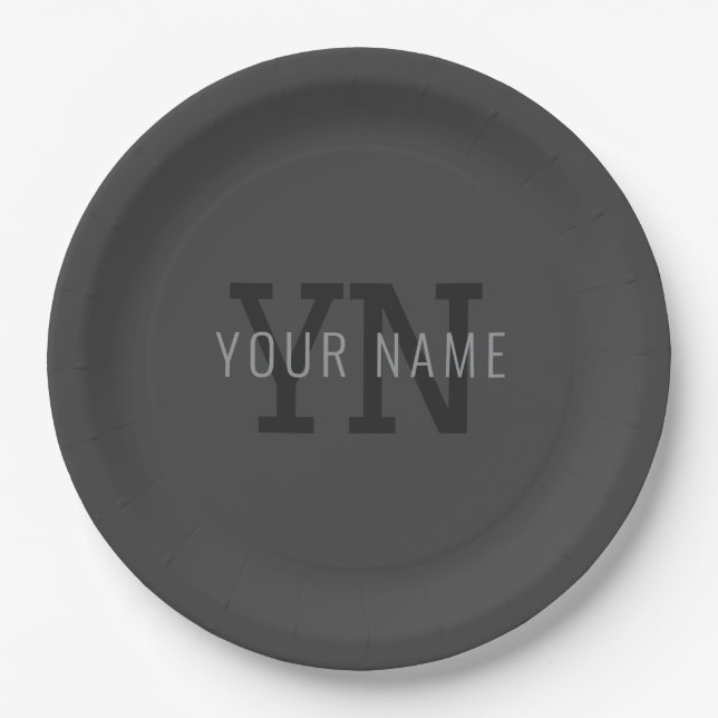 Modern Dark Grey Monogrammed Name (or other text) Paper Plate (Front)