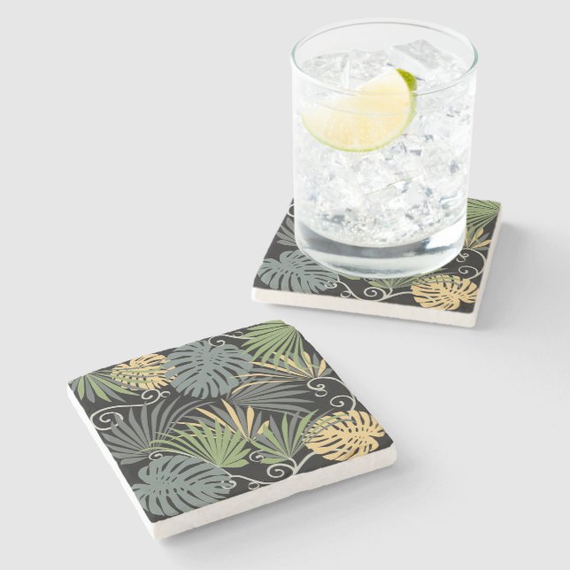 Modern dark illustration of popular indoor plants stone coaster (Side)