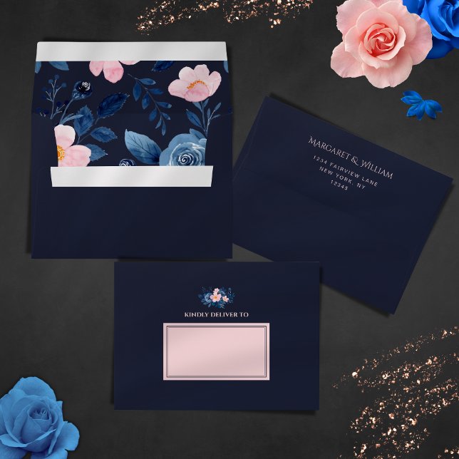 Modern Dark Midnight Blue & Pink Floral Wedding Envelope (Creator Uploaded)