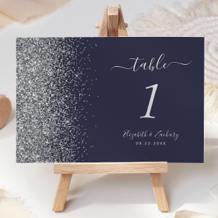 Modern Dark Navy Blue Silver Glitter Edge Wedding Table Number
